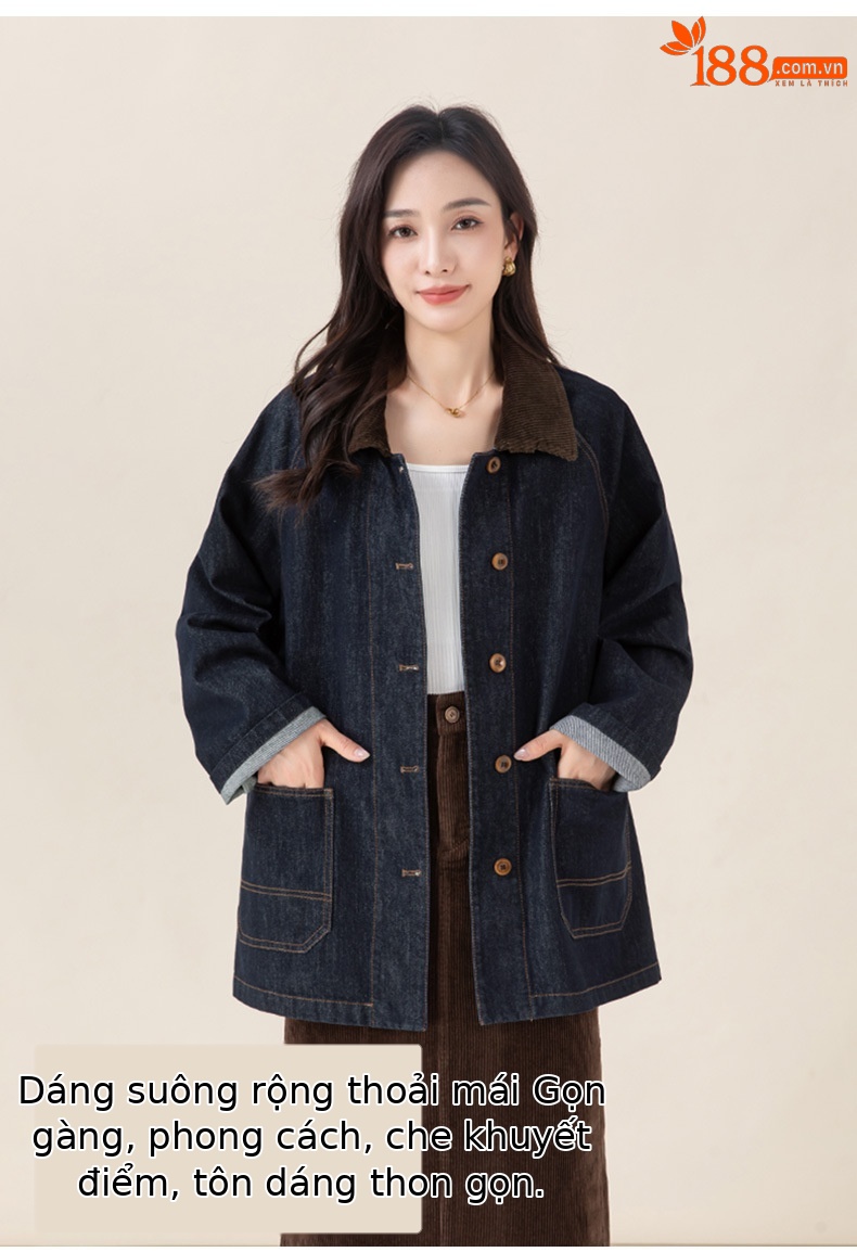Áo khoác denim cổ điển phối màu tương phản, ve lông cừu, dáng dài trung bình — Xanh denim chi tiết 9