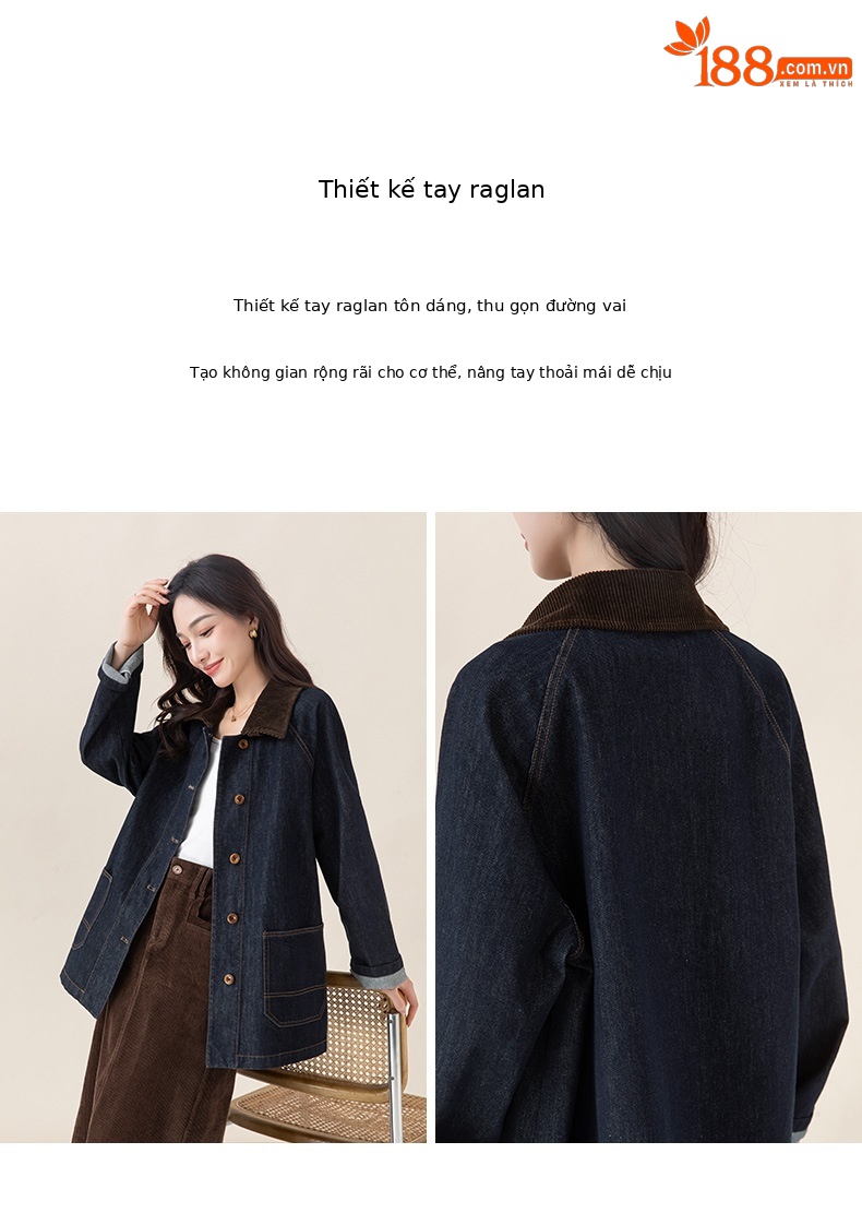 Áo khoác denim cổ điển phối màu tương phản, ve lông cừu, dáng dài trung bình — Xanh denim chi tiết 10