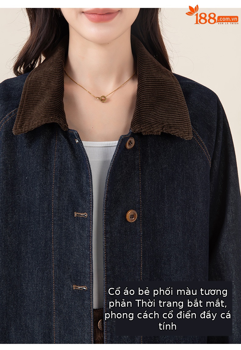 Áo khoác denim cổ điển phối màu tương phản, ve lông cừu, dáng dài trung bình — Xanh denim chi tiết 11
