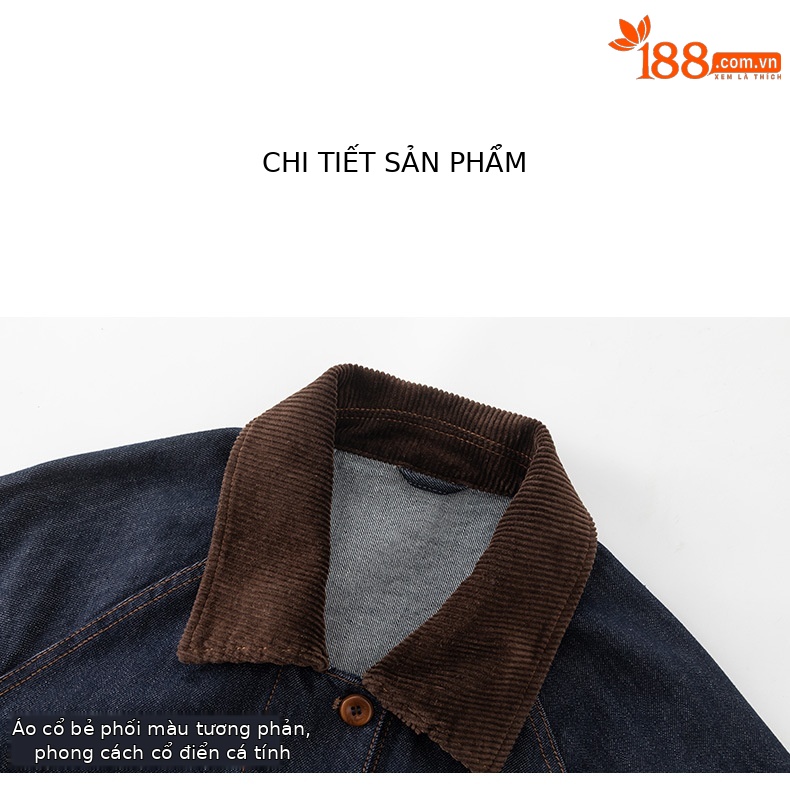 Áo khoác denim cổ điển phối màu tương phản, ve lông cừu, dáng dài trung bình — Xanh denim chi tiết 14