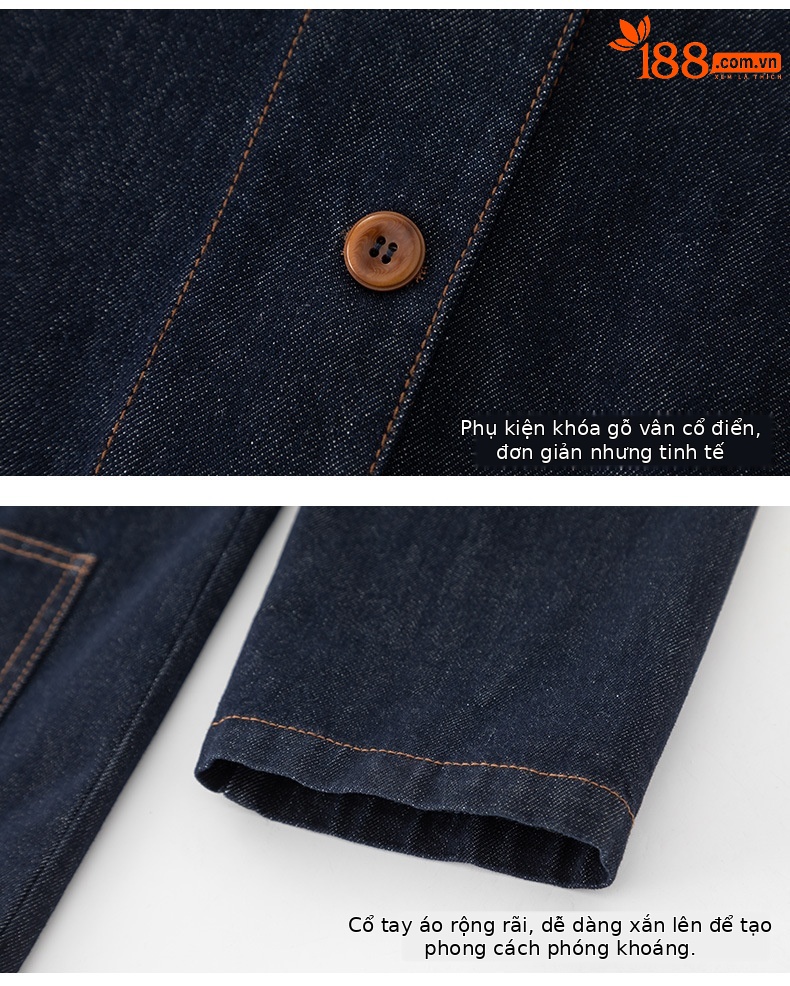Áo khoác denim cổ điển phối màu tương phản, ve lông cừu, dáng dài trung bình — Xanh denim chi tiết 15