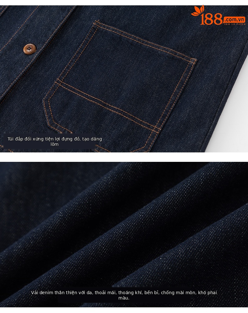 Áo khoác denim cổ điển phối màu tương phản, ve lông cừu, dáng dài trung bình — Xanh denim chi tiết 16