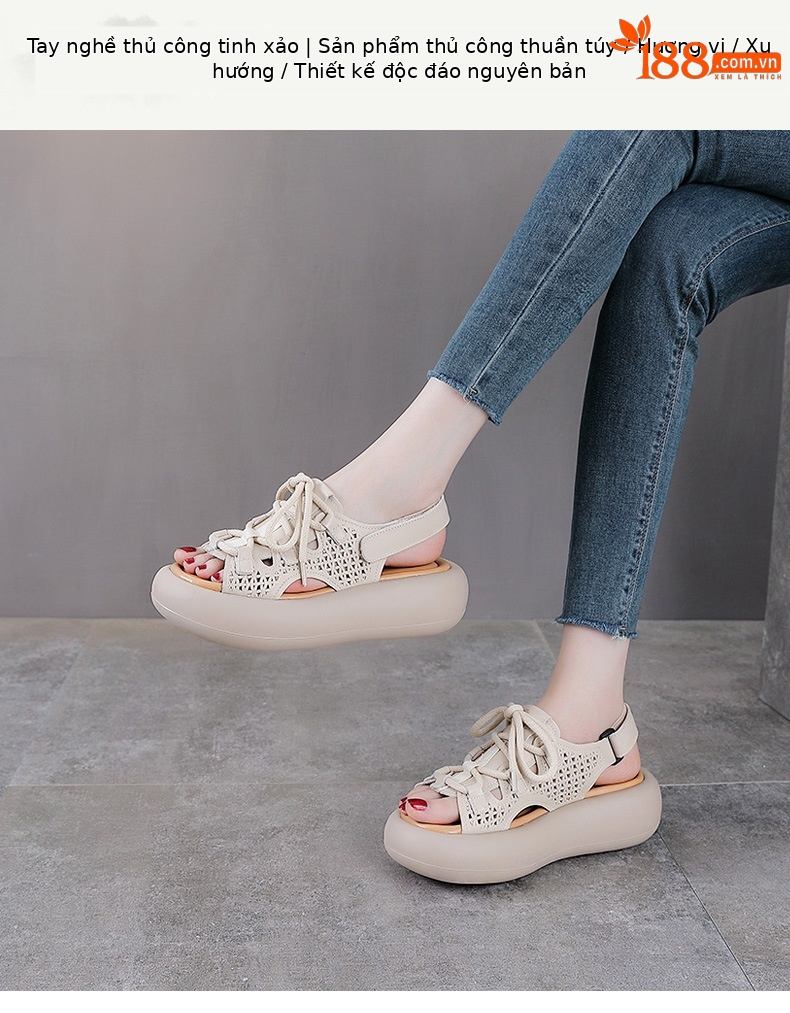 Dép sandal nữ miệng cá đế dày da bò cổ điển, hở ngón lỗ đục lỗ — Màu be chi tiết 1