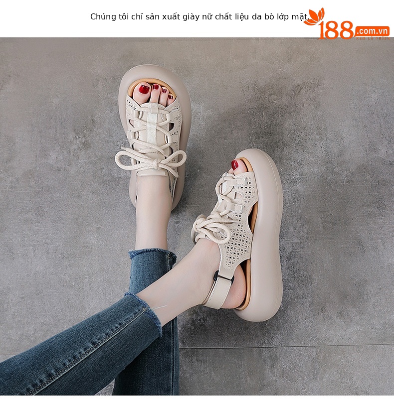 Dép sandal nữ miệng cá đế dày da bò cổ điển, hở ngón lỗ đục lỗ — Màu be chi tiết 2