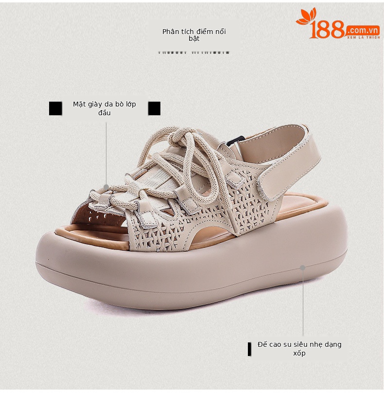 Dép sandal nữ miệng cá đế dày da bò cổ điển, hở ngón lỗ đục lỗ — Màu be chi tiết 3