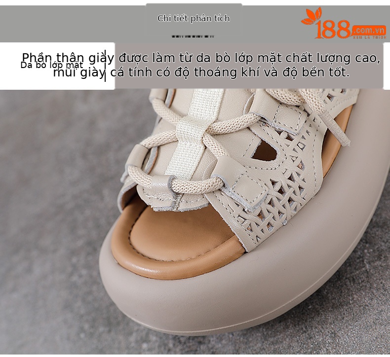 Dép sandal nữ miệng cá đế dày da bò cổ điển, hở ngón lỗ đục lỗ — Màu be chi tiết 4