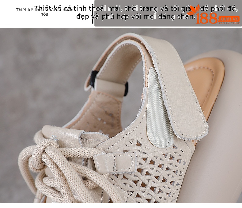 Dép sandal nữ miệng cá đế dày da bò cổ điển, hở ngón lỗ đục lỗ — Màu be chi tiết 5
