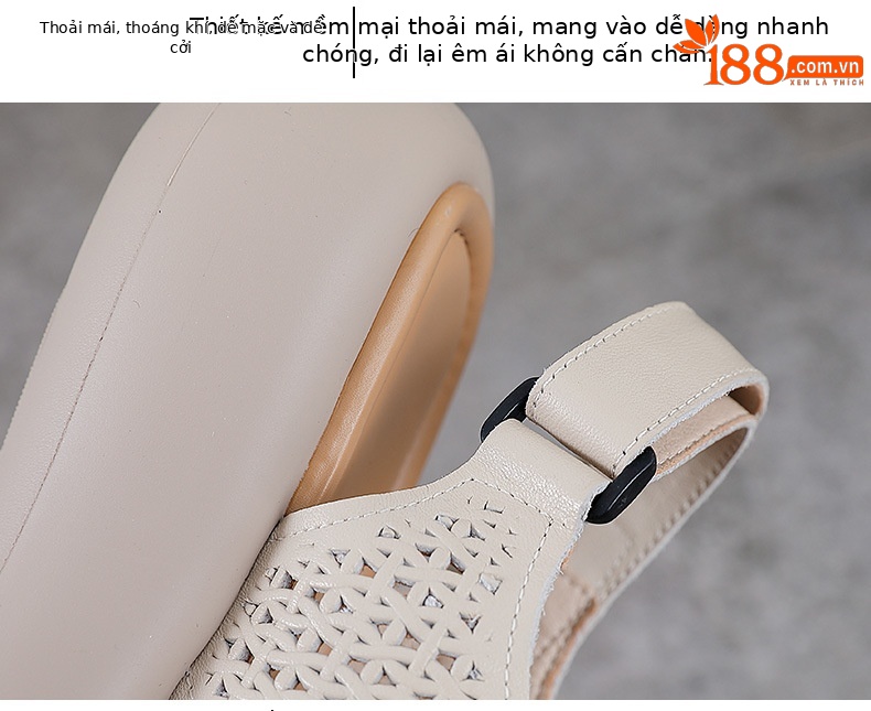 Dép sandal nữ miệng cá đế dày da bò cổ điển, hở ngón lỗ đục lỗ — Màu be chi tiết 6