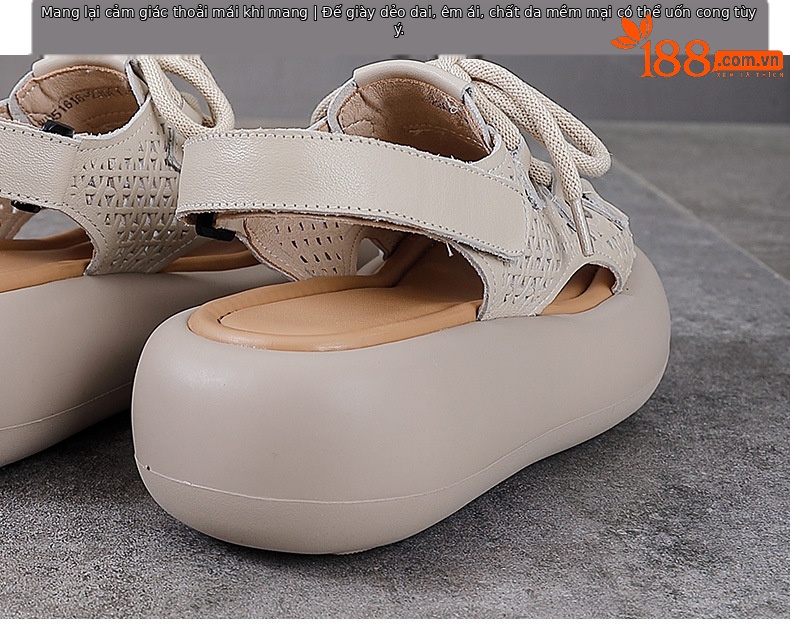 Dép sandal nữ miệng cá đế dày da bò cổ điển, hở ngón lỗ đục lỗ — Màu be chi tiết 8