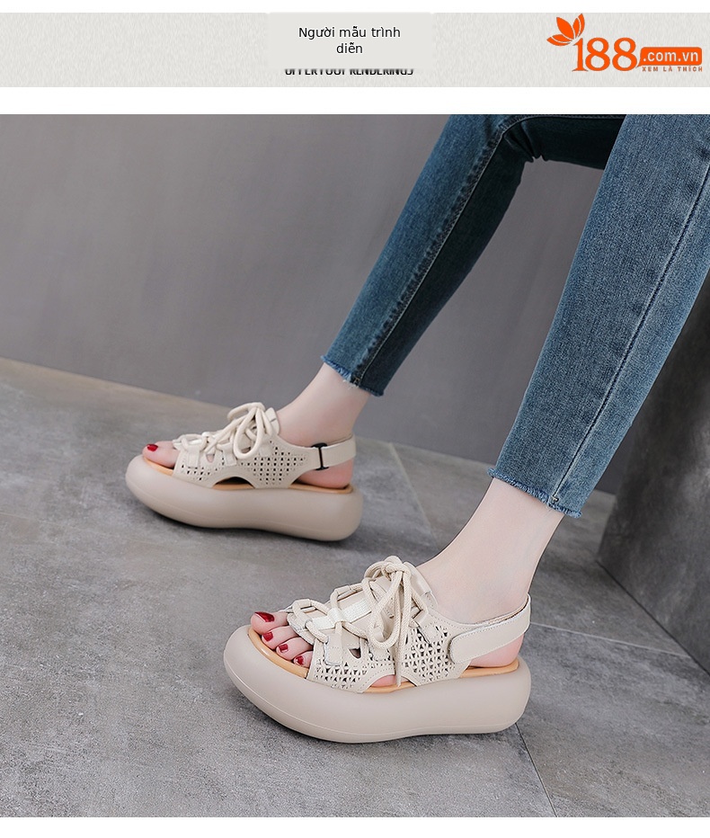 Dép sandal nữ miệng cá đế dày da bò cổ điển, hở ngón lỗ đục lỗ — Màu be chi tiết 9