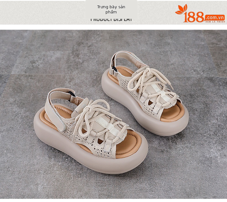 Dép sandal nữ miệng cá đế dày da bò cổ điển, hở ngón lỗ đục lỗ — Màu be chi tiết 10