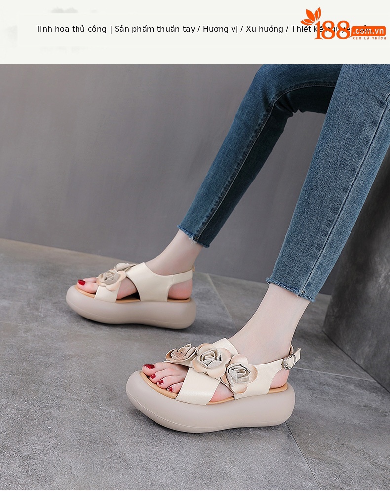 Sandal hở mũi nữ đế độn cao da bò, kiểu La Mã quai mảnh, gót thấp — Màu trắng be chi tiết 1