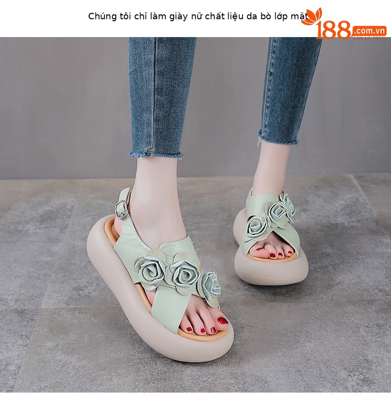 Sandal hở mũi nữ đế độn cao da bò, kiểu La Mã quai mảnh, gót thấp — Màu trắng be chi tiết 2