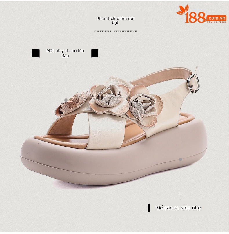 Sandal hở mũi nữ đế độn cao da bò, kiểu La Mã quai mảnh, gót thấp — Màu trắng be chi tiết 3