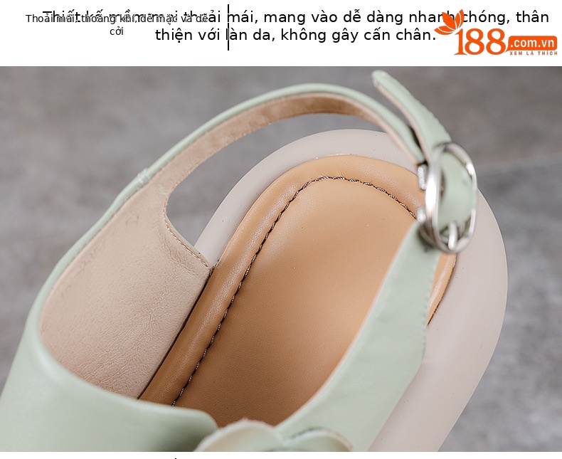 Sandal hở mũi nữ đế độn cao da bò, kiểu La Mã quai mảnh, gót thấp — Màu trắng be chi tiết 6