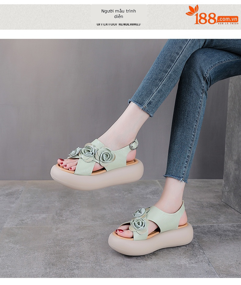 Sandal hở mũi nữ đế độn cao da bò, kiểu La Mã quai mảnh, gót thấp — Màu trắng be chi tiết 9