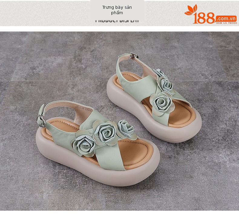 Sandal hở mũi nữ đế độn cao da bò, kiểu La Mã quai mảnh, gót thấp — Màu trắng be chi tiết 10