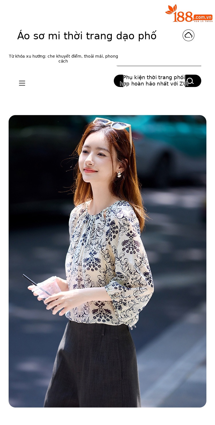 Áo kiểu nữ in họa tiết cổ tròn tay bồng phong cách công chúa — Hoa bị gãy chi tiết 1