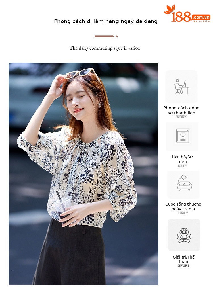 Áo kiểu nữ in họa tiết cổ tròn tay bồng phong cách công chúa — Hoa bị gãy chi tiết 3