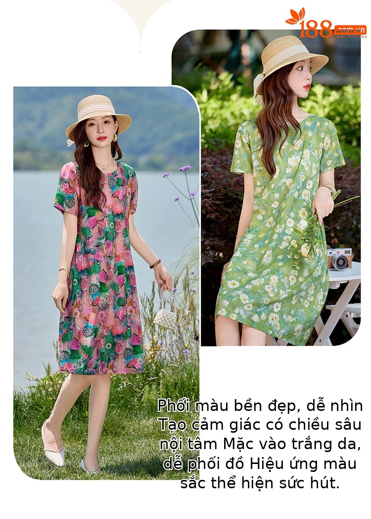 Đầm maxi nữ hoa nhỏ xanh lá cây tươi mát, dáng suông rộng, tay ngắn, mỏng nhẹ mùa hè 2025 — Màu hồng xanh lục, Màu xanh lá chi tiết 3