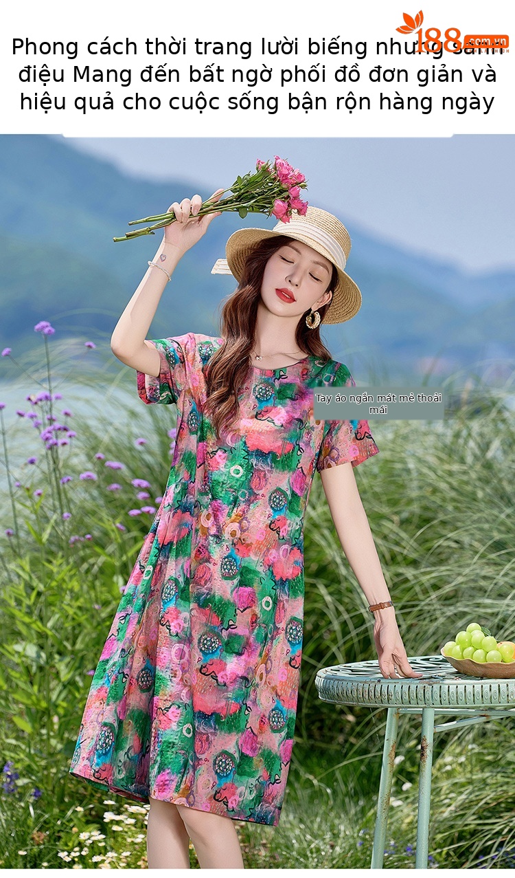 Đầm maxi nữ hoa nhỏ xanh lá cây tươi mát, dáng suông rộng, tay ngắn, mỏng nhẹ mùa hè 2025 — Màu hồng xanh lục, Màu xanh lá chi tiết 4
