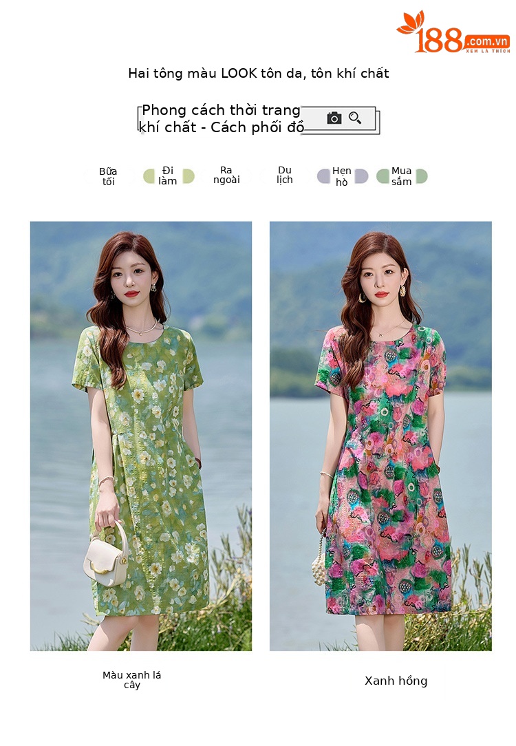 Đầm maxi nữ hoa nhỏ xanh lá cây tươi mát, dáng suông rộng, tay ngắn, mỏng nhẹ mùa hè 2025 — Màu hồng xanh lục, Màu xanh lá chi tiết 5