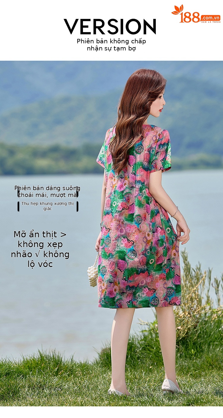 Đầm maxi nữ hoa nhỏ xanh lá cây tươi mát, dáng suông rộng, tay ngắn, mỏng nhẹ mùa hè 2025 — Màu hồng xanh lục, Màu xanh lá chi tiết 9