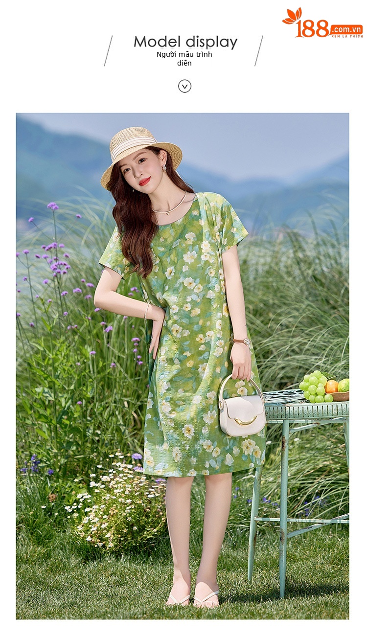 Đầm maxi nữ hoa nhỏ xanh lá cây tươi mát, dáng suông rộng, tay ngắn, mỏng nhẹ mùa hè 2025 — Màu hồng xanh lục, Màu xanh lá chi tiết 12