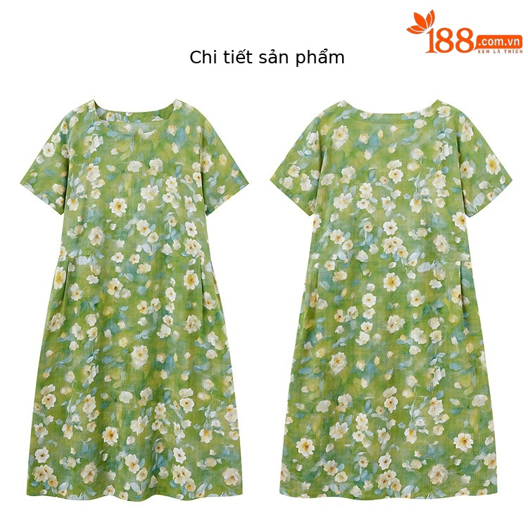 Đầm maxi nữ hoa nhỏ xanh lá cây tươi mát, dáng suông rộng, tay ngắn, mỏng nhẹ mùa hè 2025 — Màu hồng xanh lục, Màu xanh lá chi tiết 25