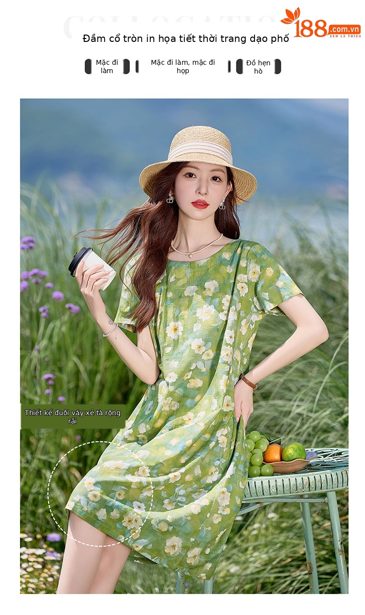 Đầm maxi nữ hoa nhỏ xanh lá cây tươi mát, dáng suông rộng, tay ngắn, mỏng nhẹ mùa hè 2025 — Màu hồng xanh lục, Màu xanh lá chi tiết 6