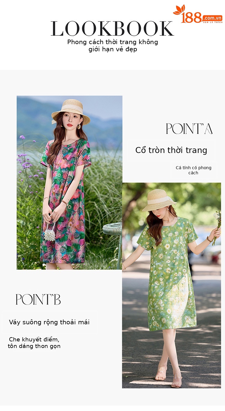 Đầm maxi nữ hoa nhỏ xanh lá cây tươi mát, dáng suông rộng, tay ngắn, mỏng nhẹ mùa hè 2025 — Màu hồng xanh lục, Màu xanh lá chi tiết 7