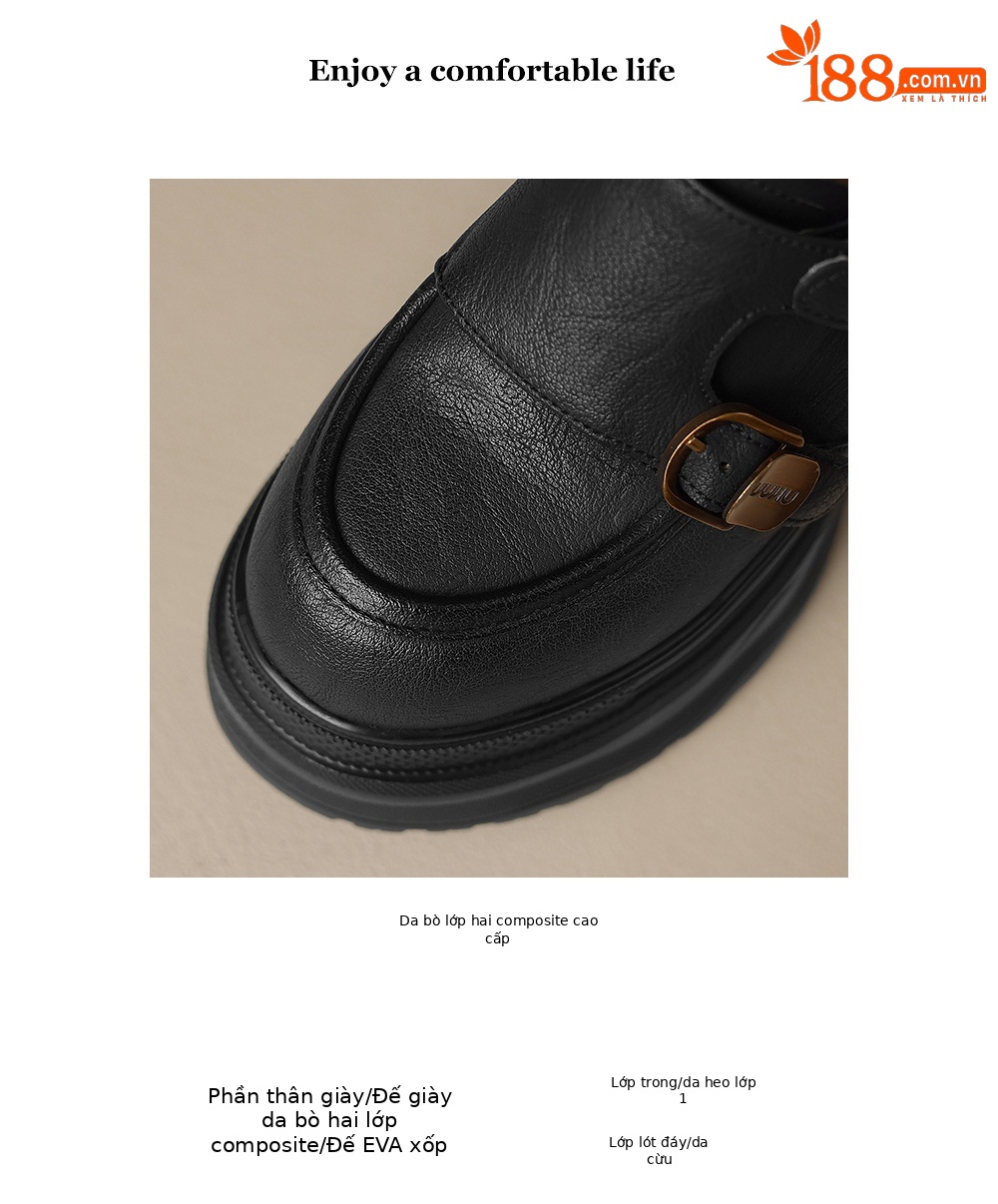 Giày loafer nữ đế xuồng cao 12 cm, miệng sâu cổ điển, khóa thắt lưng — Màu đen, Màu đen kaki chi tiết 3