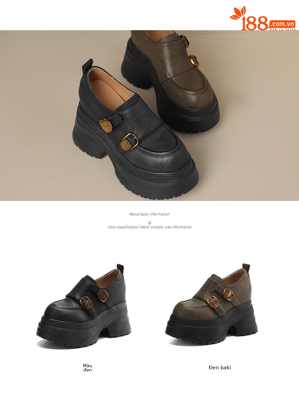 Giày loafer nữ đế xuồng cao 12 cm, miệng sâu cổ điển, khóa thắt lưng — Màu đen, Màu đen kaki chi tiết 5