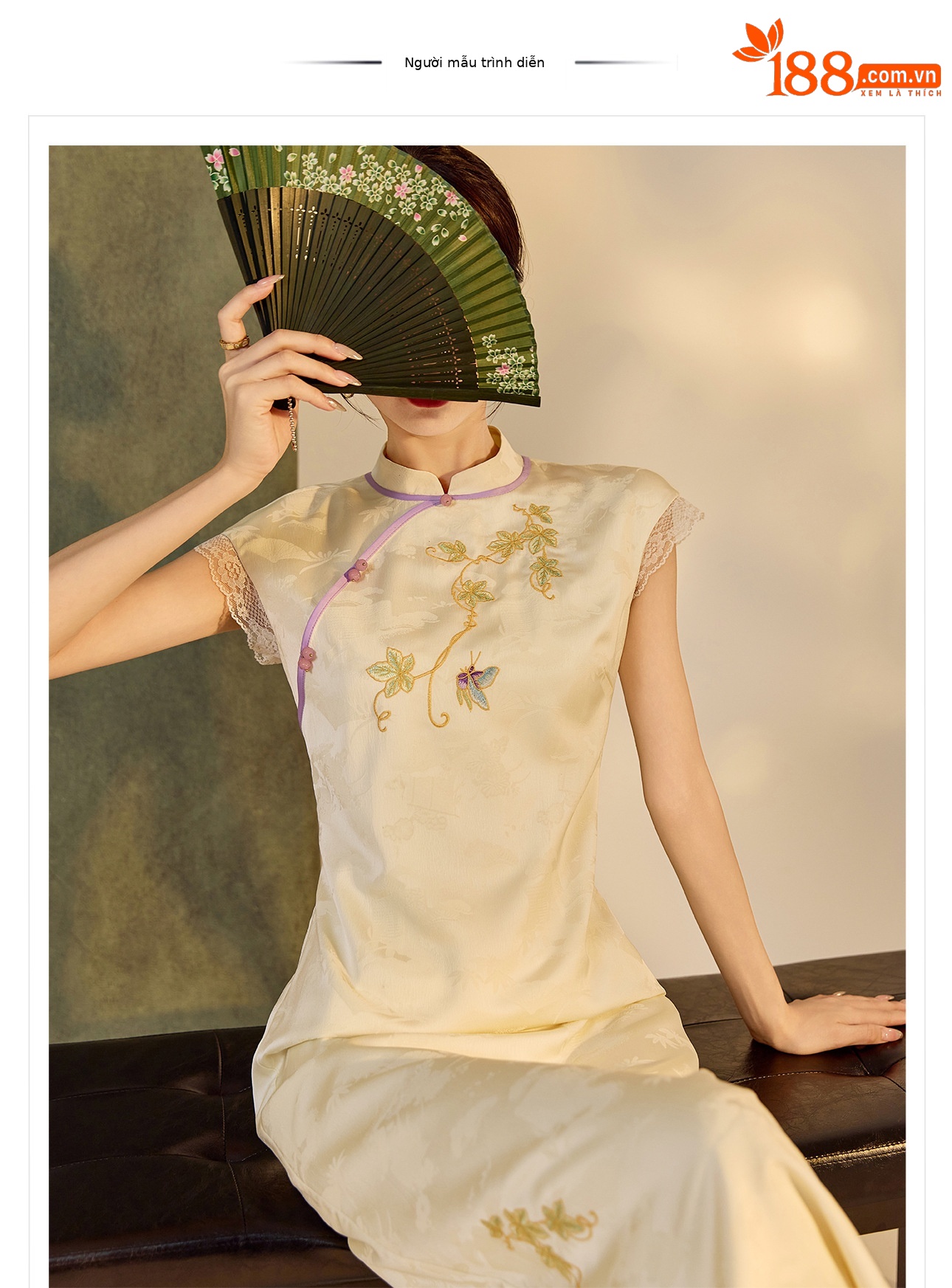 Đầm tay phồng cổ đứng phong cách Trung Hoa mùa hè, sườn xám thêu cải tiến cao cấp — Màu trắng, Màu mơ chi tiết 1