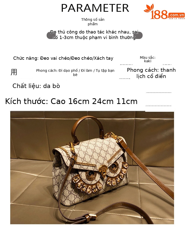 Túi xách tay nữ da thật dáng vuông nhỏ, đeo chéo cầm tay cao cấp — Màu nâu/cô gái mắt to, Giao hàng không có hộp quà chi tiết 1