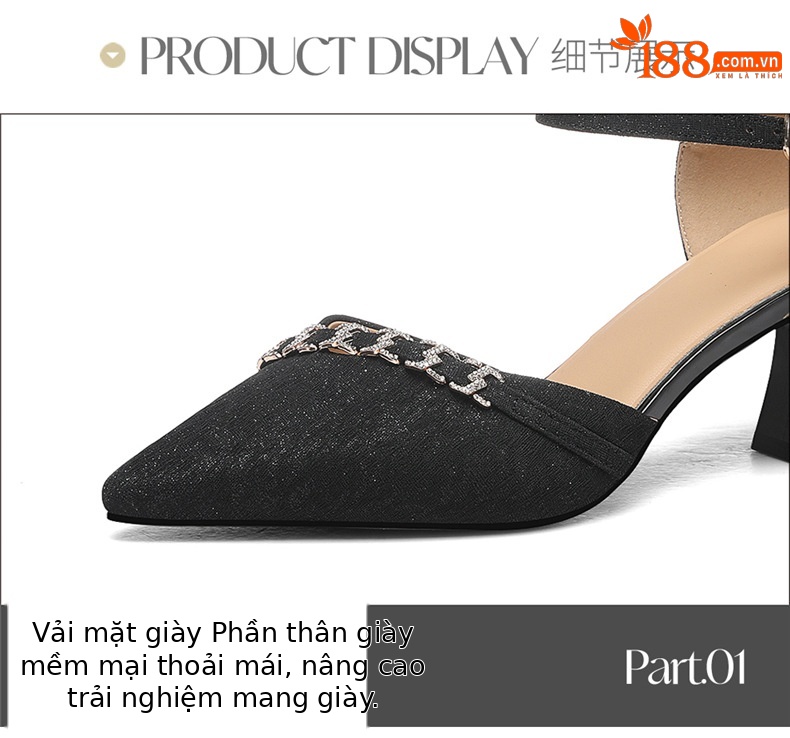 Sandal cao gót nữ da thật mũi nhọn thêu hoa quai ngang gót 6 cm — JST 7121 gót đen cao 6cm, JST 7159 gót bạc cao 4.5cm, JST 7159 Champagne Chiều cao gót 4.5cm, JST 7121m màu Chiều cao gót 6cm chi tiết 3