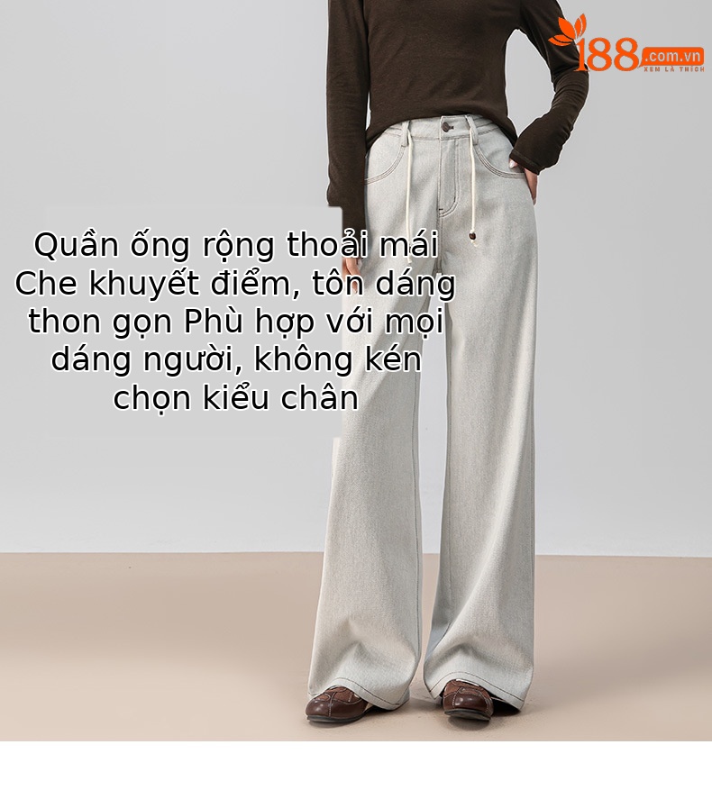 Quần jean nữ ống rộng cạp cao dáng suông dài chạm sàn — Màu cà phê sữa chi tiết 9