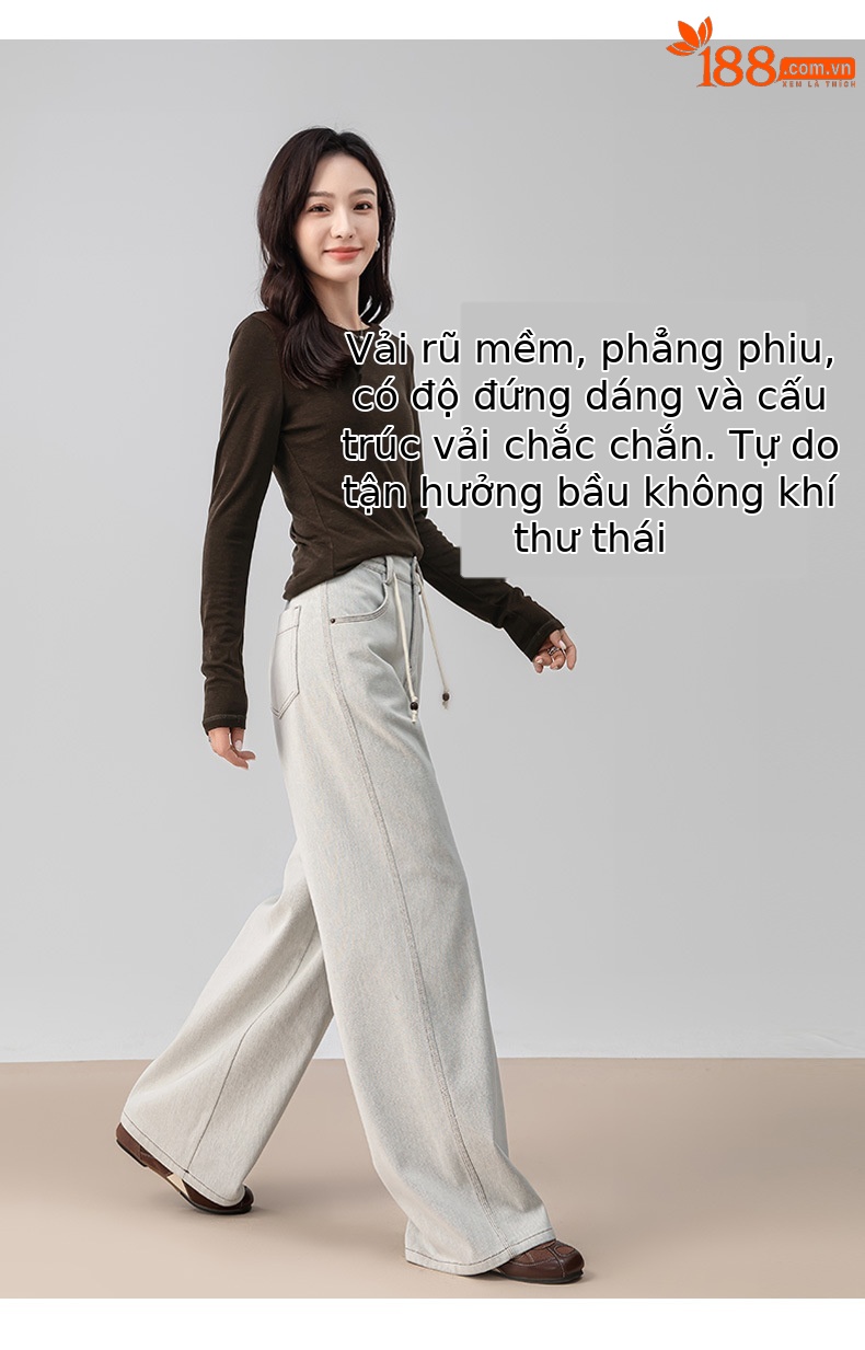 Quần jean nữ ống rộng cạp cao dáng suông dài chạm sàn — Màu cà phê sữa chi tiết 10