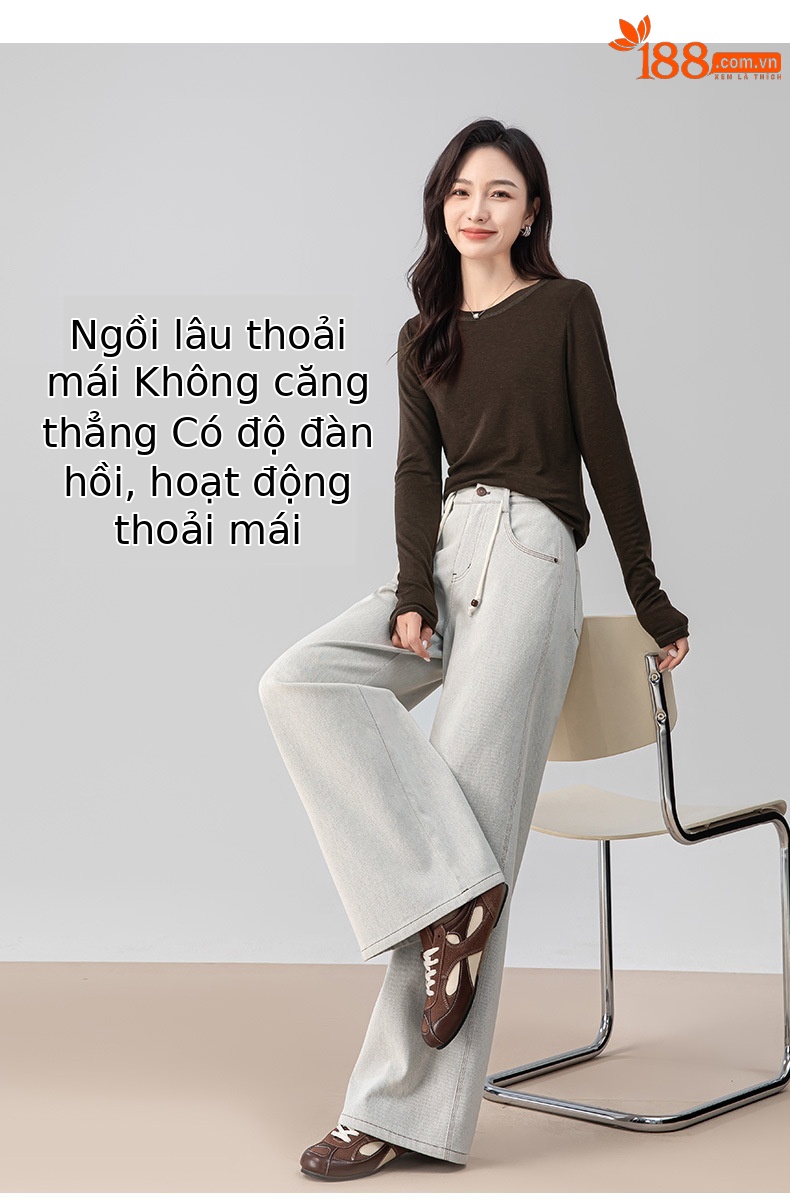 Quần jean nữ ống rộng cạp cao dáng suông dài chạm sàn — Màu cà phê sữa chi tiết 11
