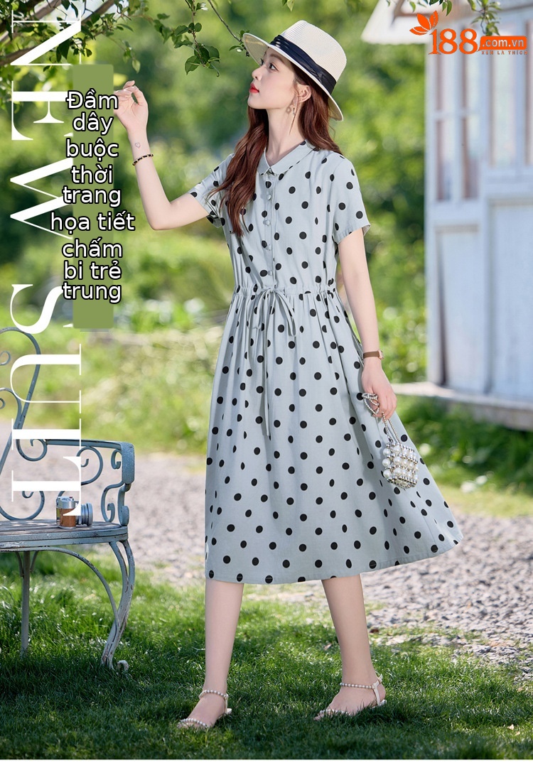 Đầm maxi nữ chấm bi in họa tiết eo thon dáng midi thời trang NI502 — màu be, màu xanh chi tiết 1