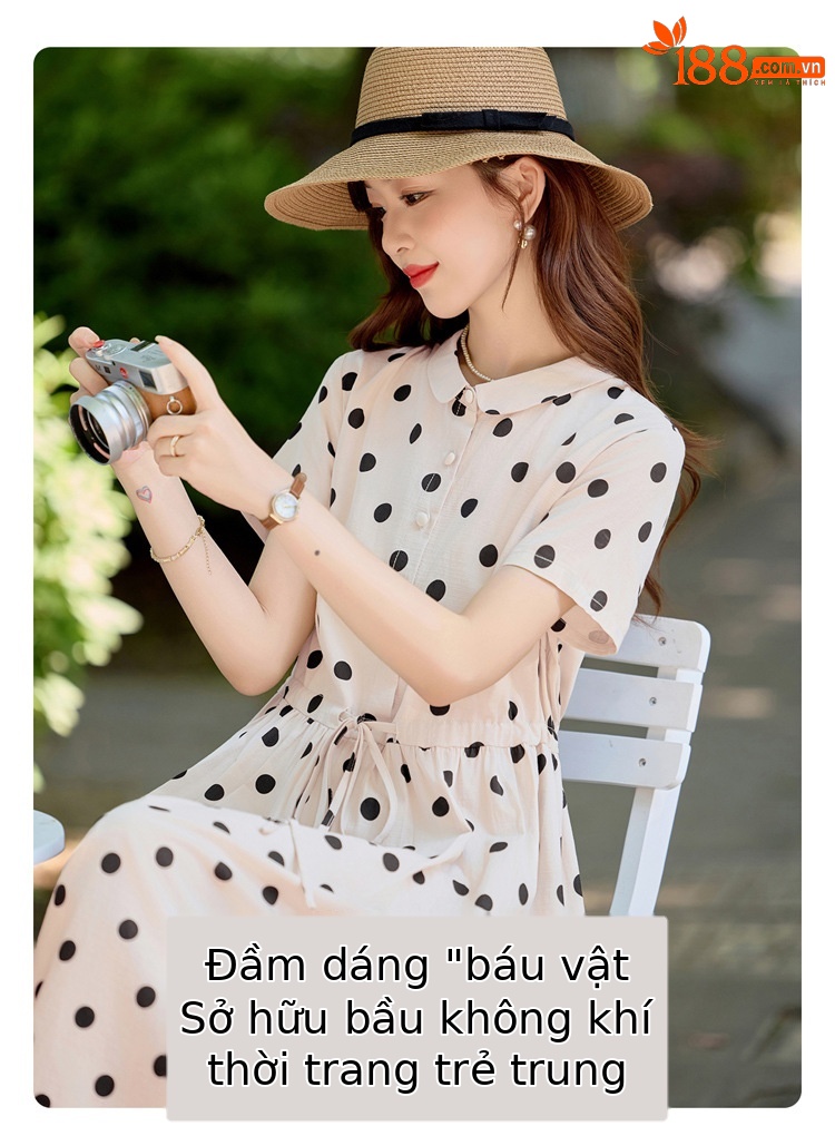Đầm maxi nữ chấm bi in họa tiết eo thon dáng midi thời trang NI502 — màu be, màu xanh chi tiết 3