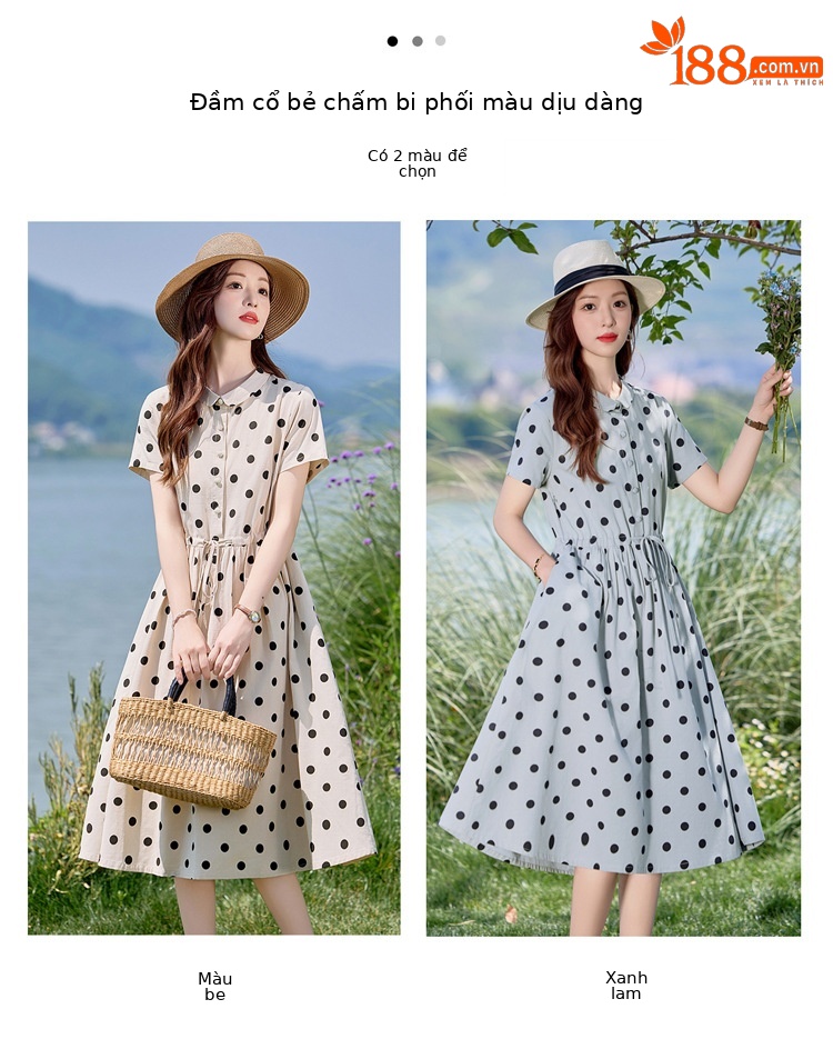 Đầm maxi nữ chấm bi in họa tiết eo thon dáng midi thời trang NI502 — màu be, màu xanh chi tiết 4