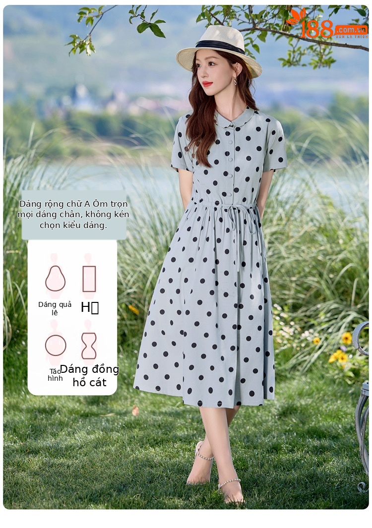 Đầm maxi nữ chấm bi in họa tiết eo thon dáng midi thời trang NI502 — màu be, màu xanh chi tiết 7
