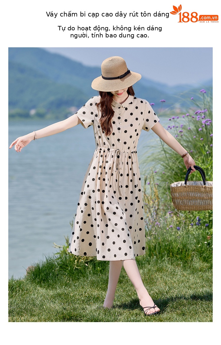 Đầm maxi nữ chấm bi in họa tiết eo thon dáng midi thời trang NI502 — màu be, màu xanh chi tiết 8