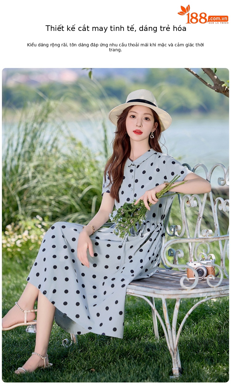 Đầm maxi nữ chấm bi in họa tiết eo thon dáng midi thời trang NI502 — màu be, màu xanh chi tiết 11