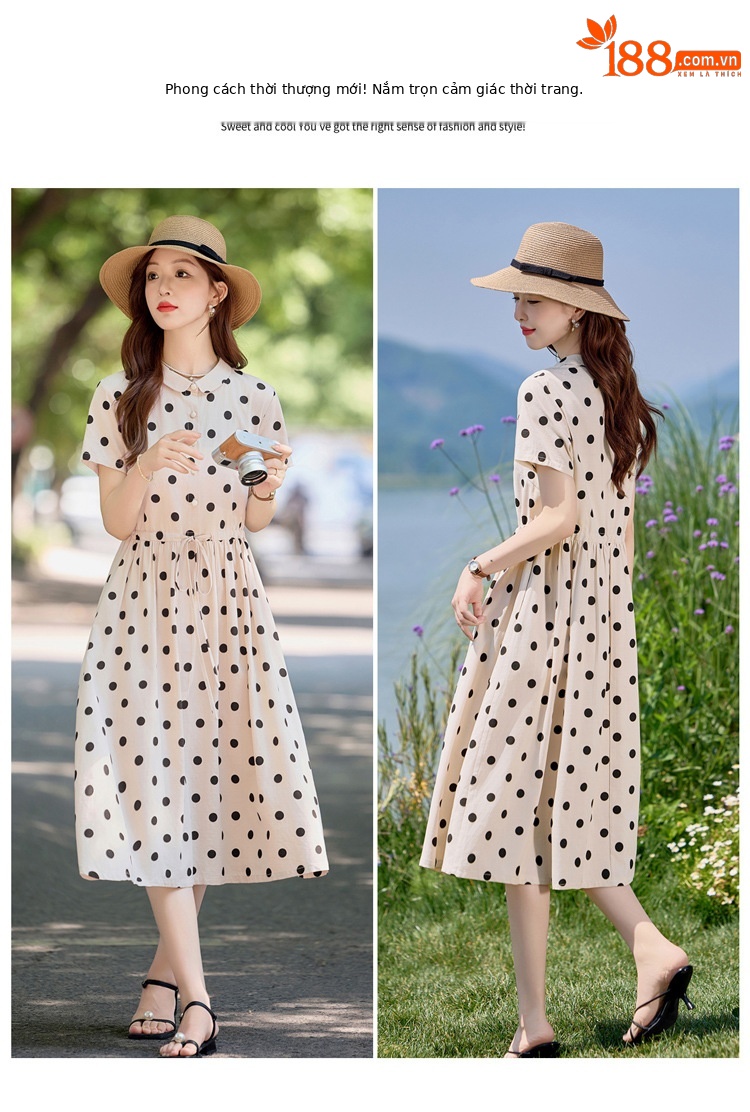 Đầm maxi nữ chấm bi in họa tiết eo thon dáng midi thời trang NI502 — màu be, màu xanh chi tiết 12