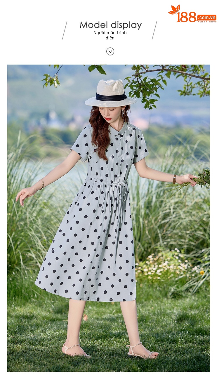 Đầm maxi nữ chấm bi in họa tiết eo thon dáng midi thời trang NI502 — màu be, màu xanh chi tiết 15