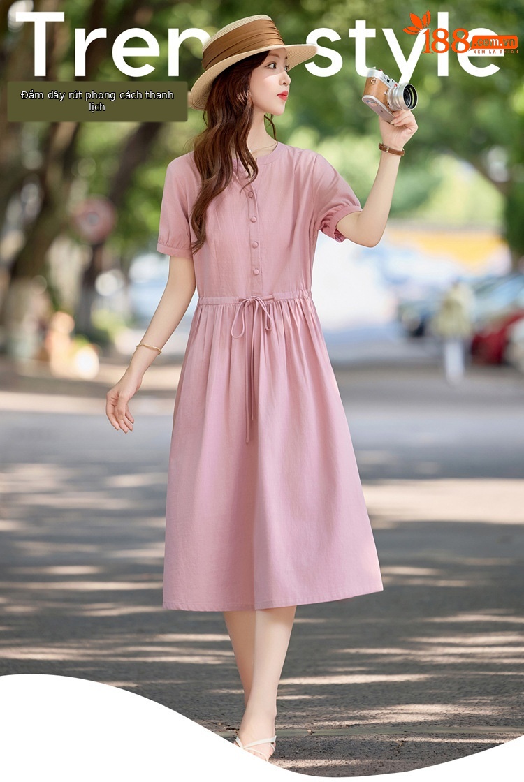Váy midi cổ V dáng ôm dây buộc thanh lịch mùa hè 2025 NI509 — màu xanh, màu hồng chi tiết 1