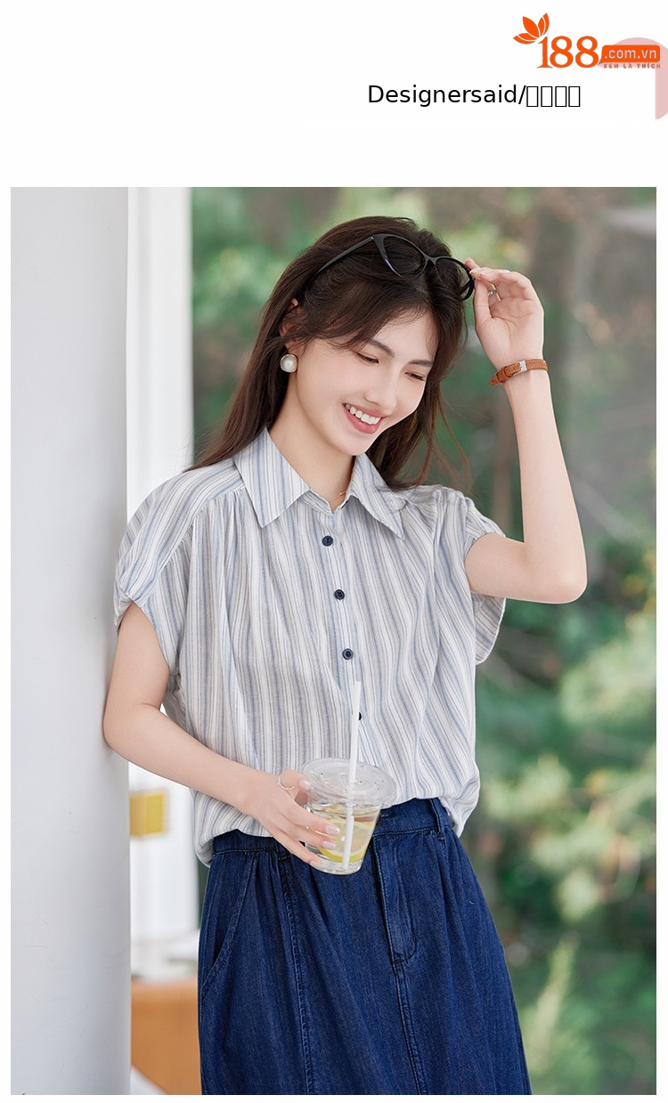 Áo sơ mi nữ tay ngắn dáng nhỏ phong cách đơn giản thời trang hè — màu xanh chi tiết 3