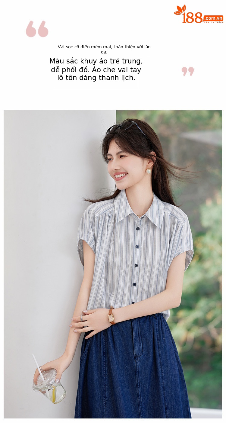 Áo sơ mi nữ tay ngắn dáng nhỏ phong cách đơn giản thời trang hè — màu xanh chi tiết 4